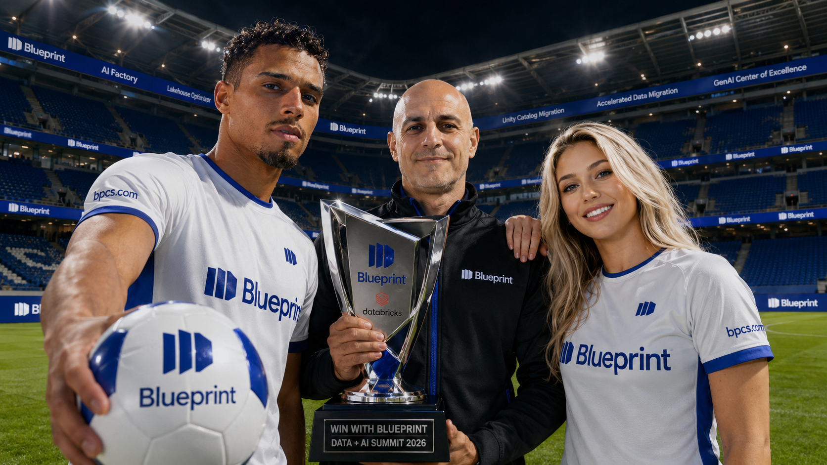 Blueprint team — Data + AI Summit 2026 stadium scene with trophy