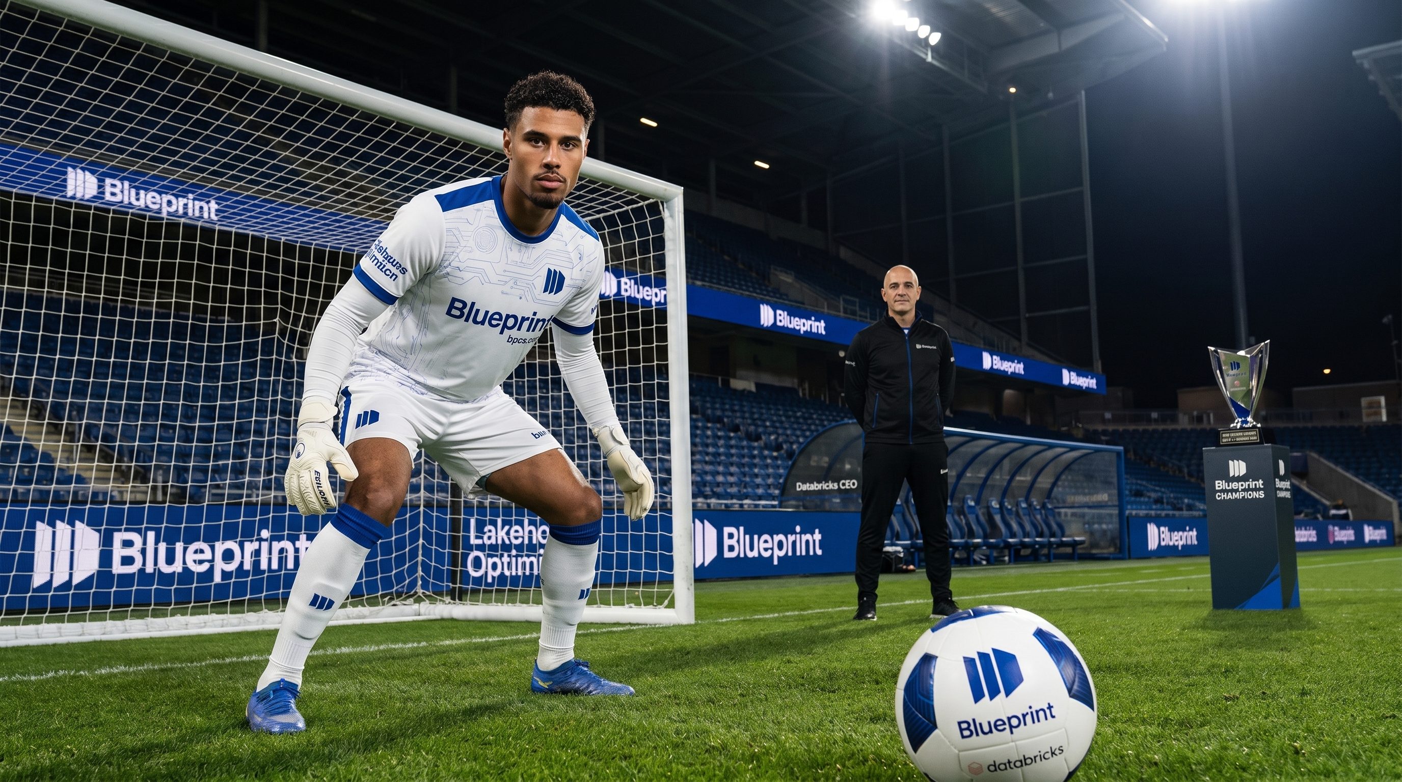 Blueprint Action Shot — goalkeeper stance near goal, Blueprint kit, executive figure in background, stadium lights