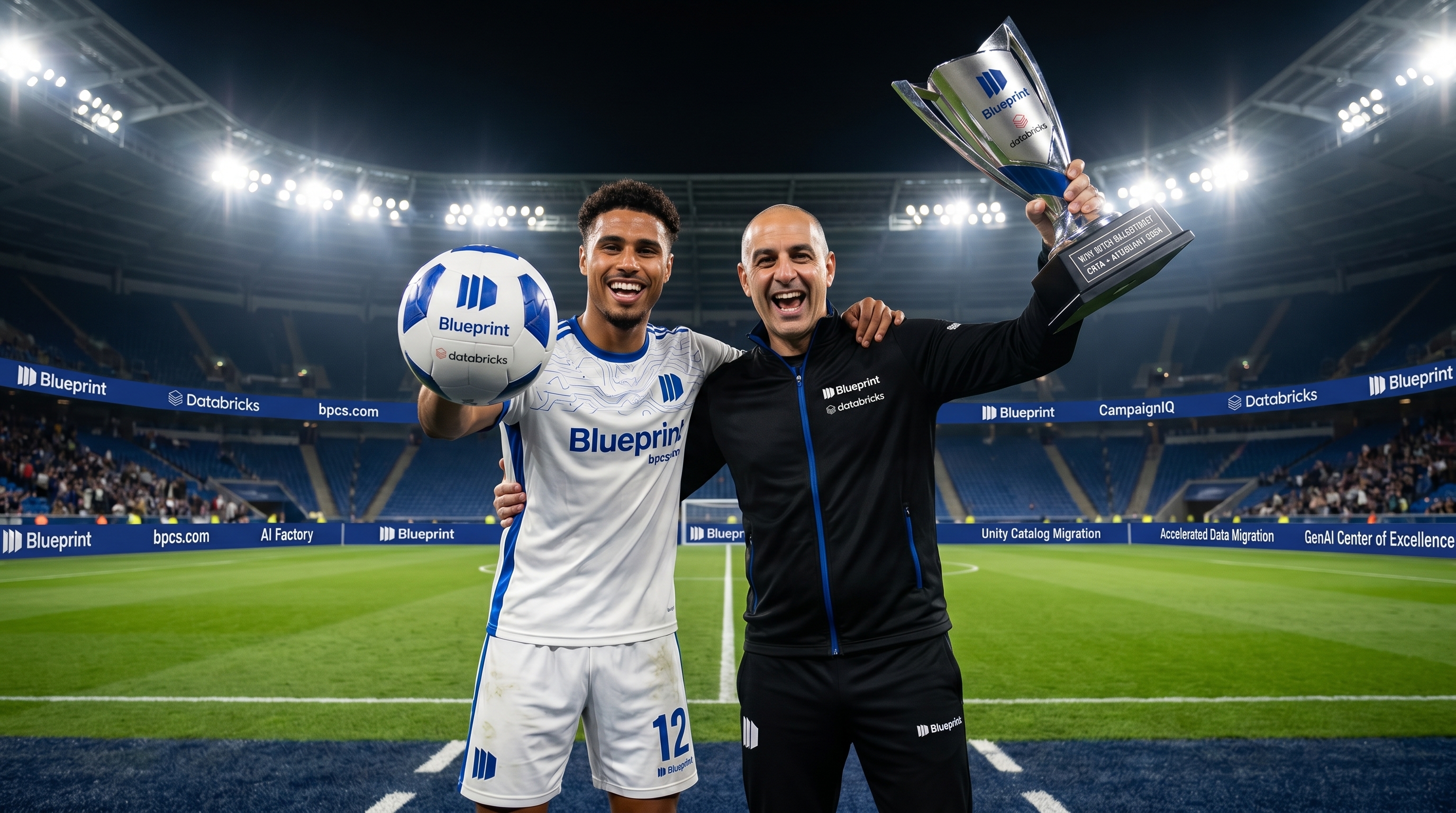 Blueprint — duo celebration in matching Blueprint kit, stadium