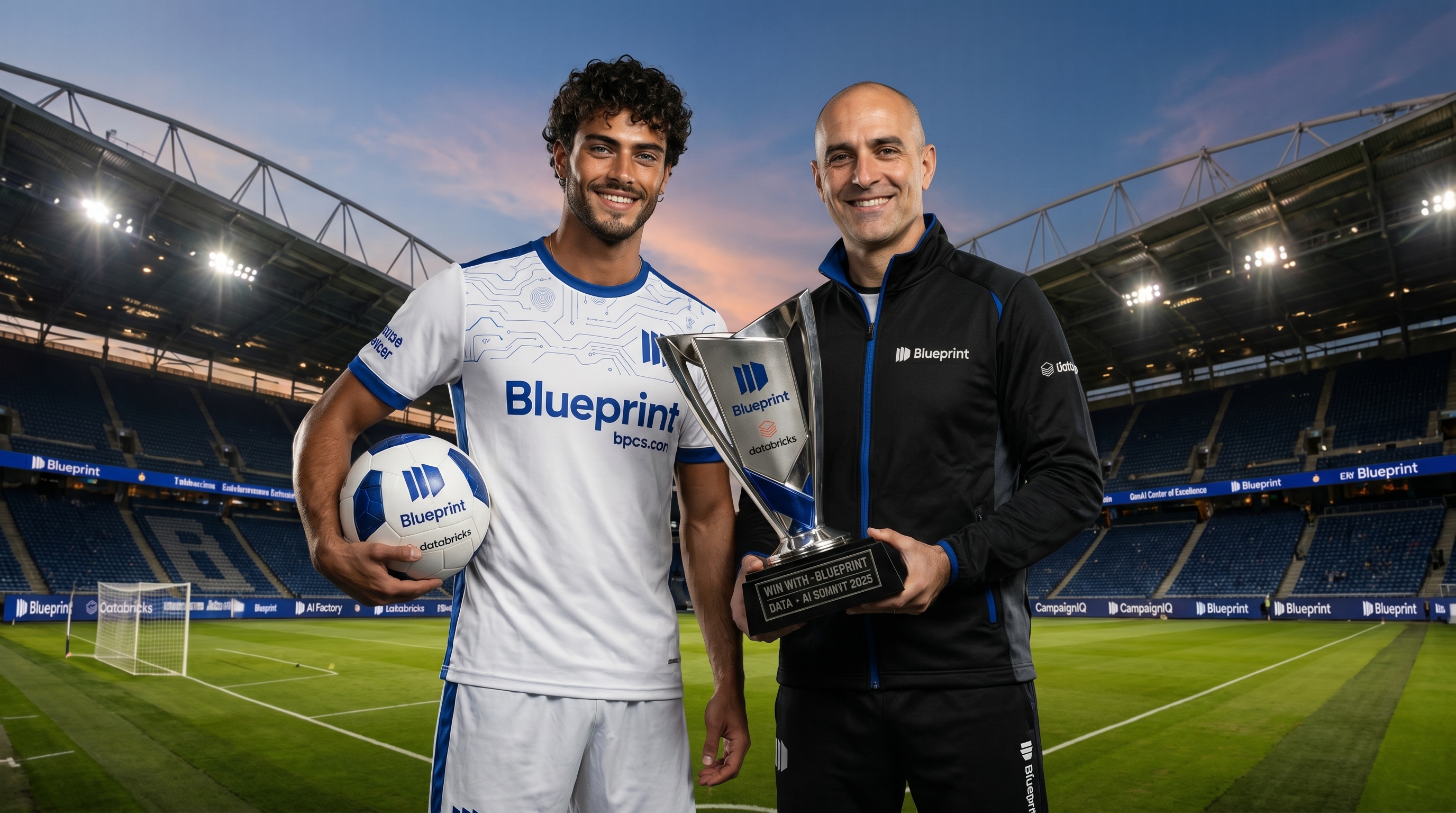 Blueprint — duo smiling, Blueprint kit, stadium environment