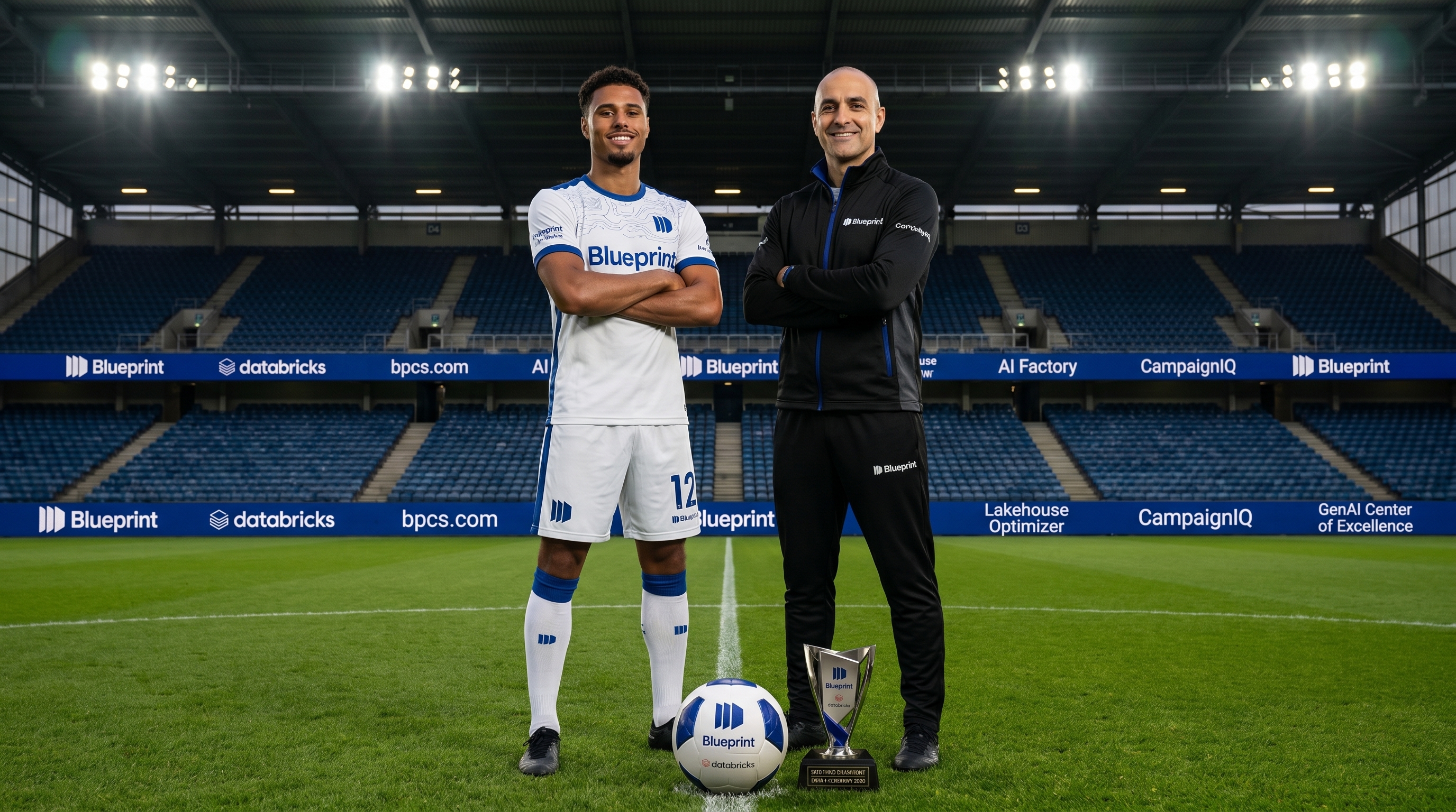 Blueprint Executive Cameo concept preview — guest in Blueprint kit alongside executive figure in Blueprint tracksuit, daytime stadium