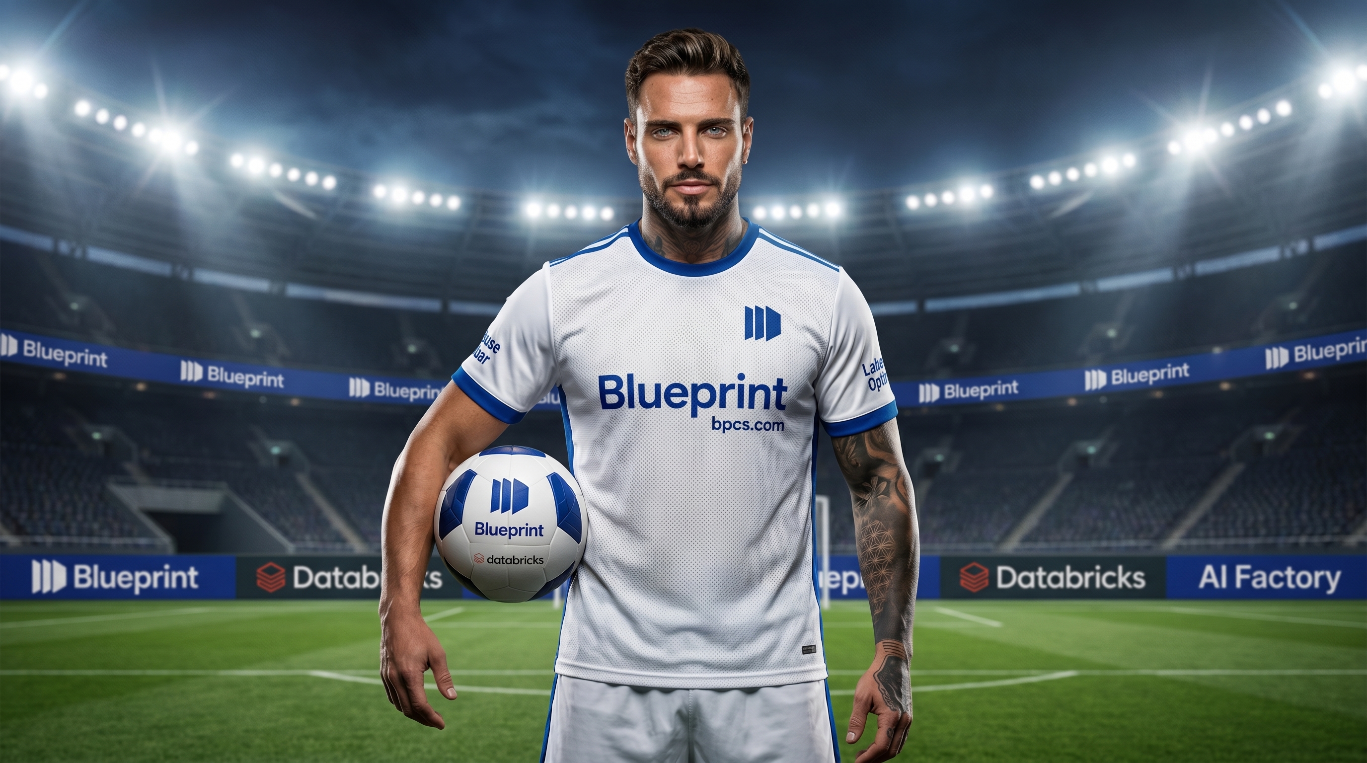 Blueprint Match Day Hero — solo stadium portrait, Blueprint kit and soccer ball, floodlit night scene
