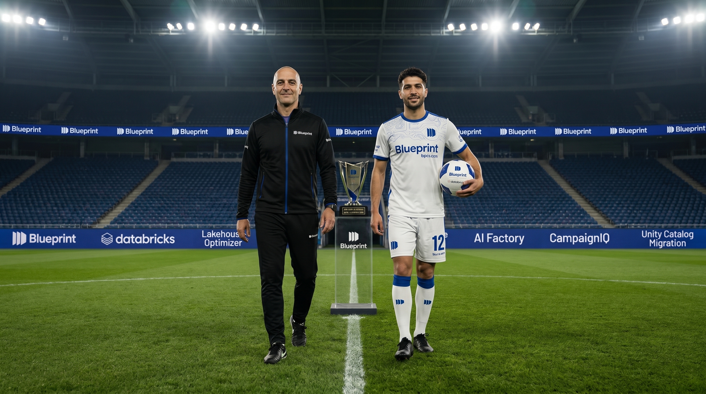 Blueprint — trophy ceremony, formal duo portrait, stadium environment